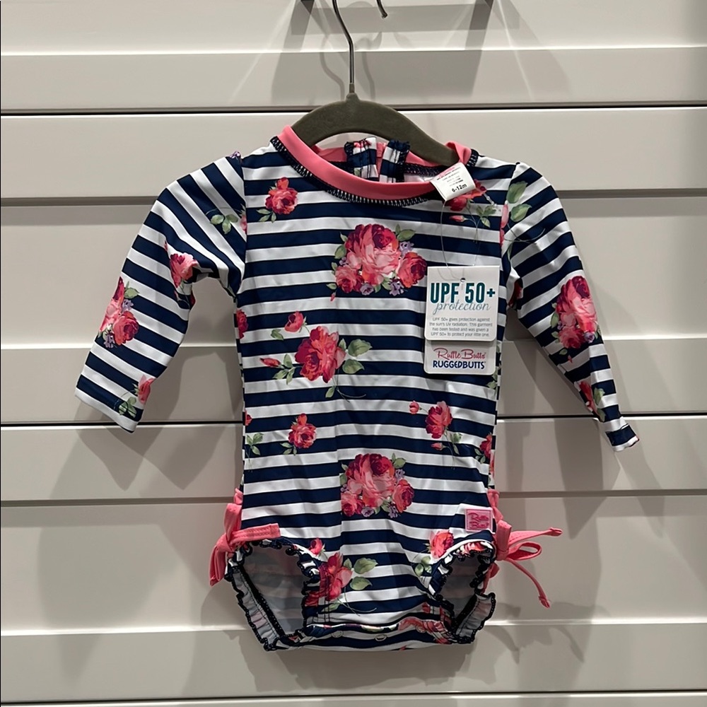 NWT Ruffle Butts Blue and Pink Rashguard Swimwear with Floral Accents